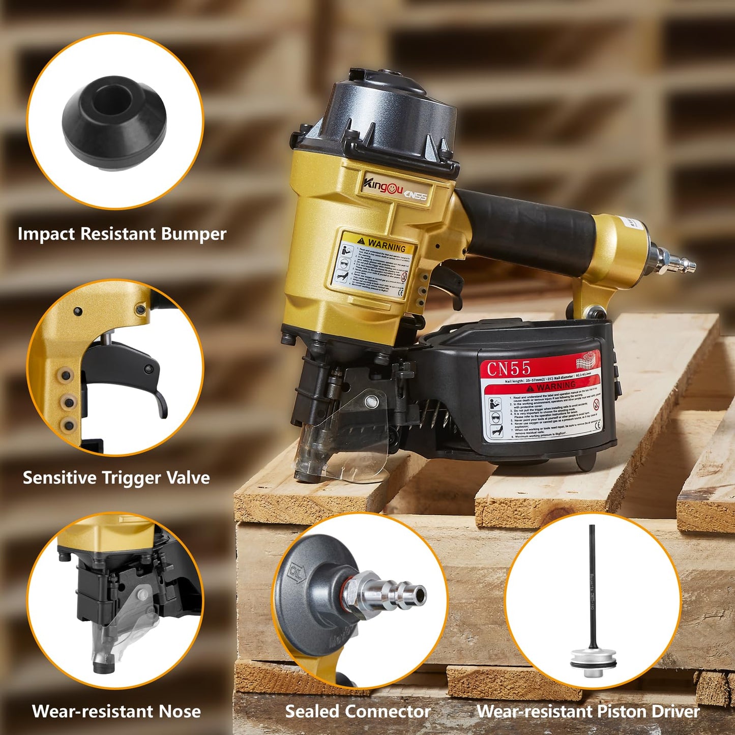 Kingou CN55 Coil Siding Nailer Gun For Wooden Pallet Accepts 1 Inch To 2-1/4-Inch Nails With 1/4 NPT Air Connector 300-400pcs Load Capacity Coil Nailer Coil Nail Gun For Wooden Box Packing