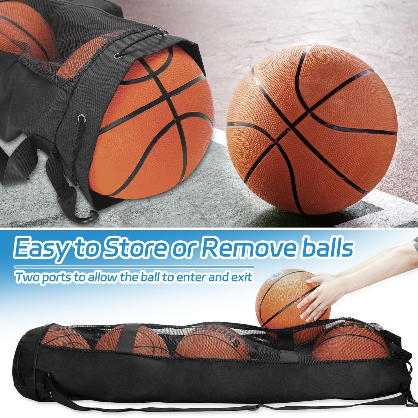 Skureay Basketball Bag for Team Balls, Heavy Duty Basketball Coashes Bag for 5 Basket Balls - Mesh Bags for Coaching/Adjustable Shoulder Straps/Volleyball Accessories