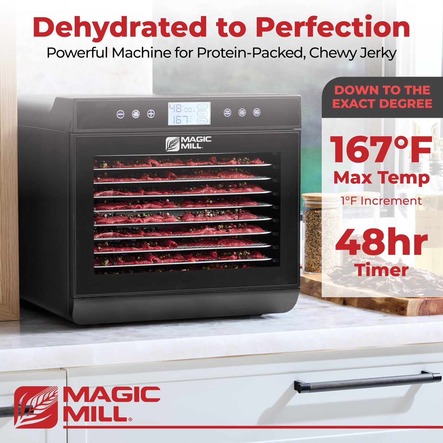 Magic Mill Premium Food Dehydrator Machine (10 Extra-Large Stainless Steel Trays) 700W Dryer for Beef Jerky, Fruits, Vegetables, Dog Treats, 48 Hour Digital Timer - 95°-167° Temperature Control