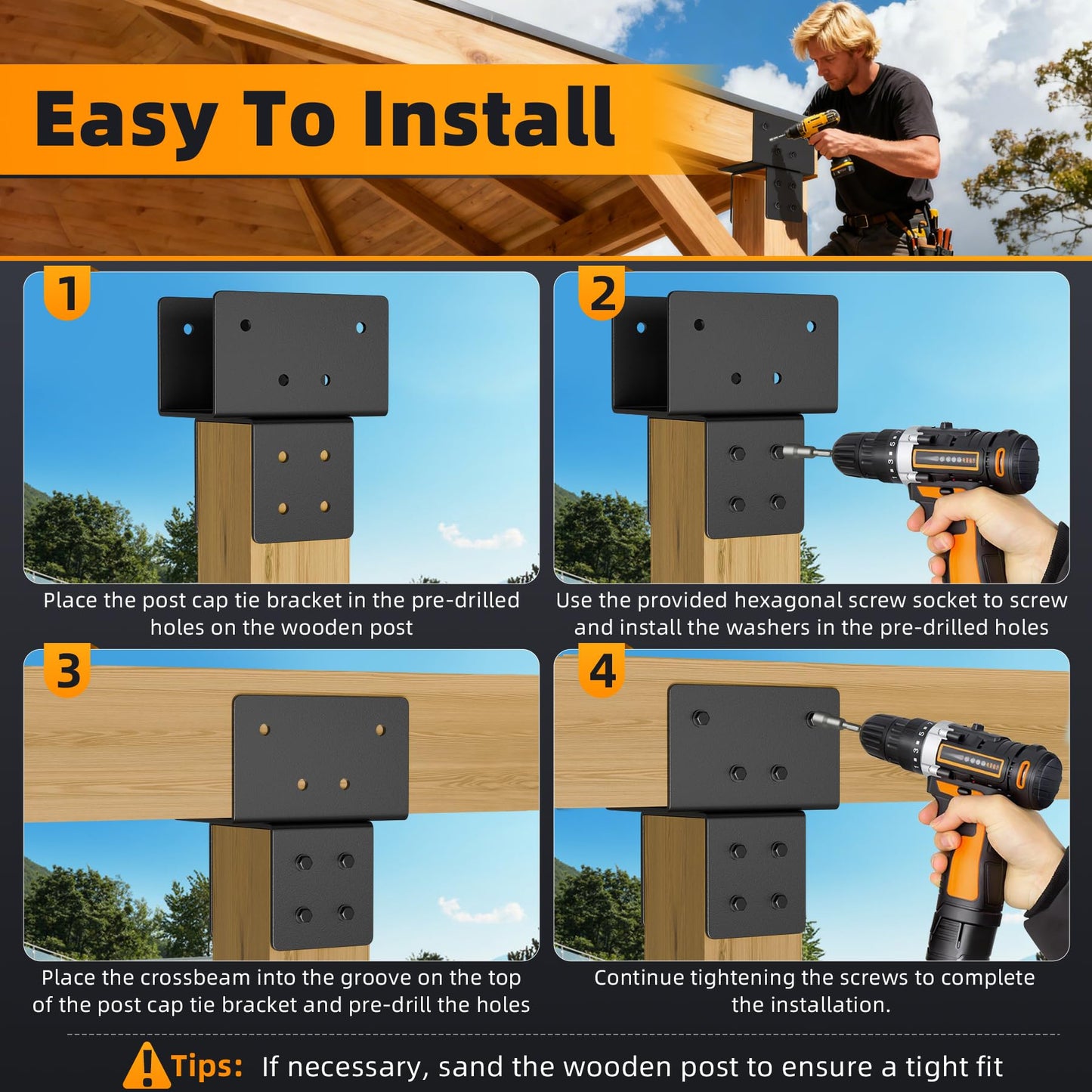 Wuno Shop 2 Pack 4x4(Actual 3.5"x3.5") Post Caps Tie Bracket, Stainless Steel Post to Beam Connectors for Wood, Heavy Duty Post Anchor Connector for Pergolas, Gazebos, Decks Porches-Black