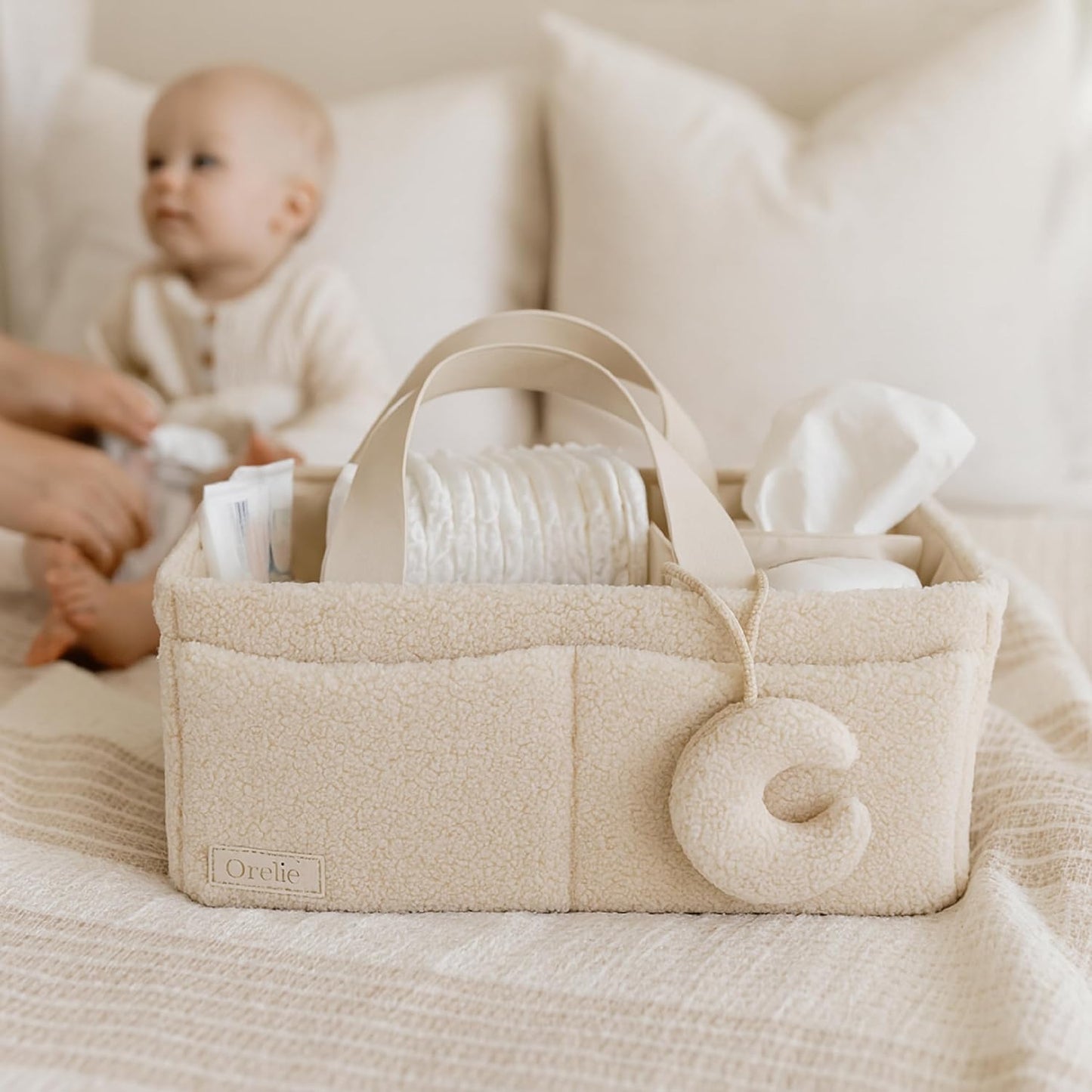 Orelle Bouclé Diaper Caddy Organizer - Portable Changing Table with Matching Pouch & Moon Pendant | Cream
