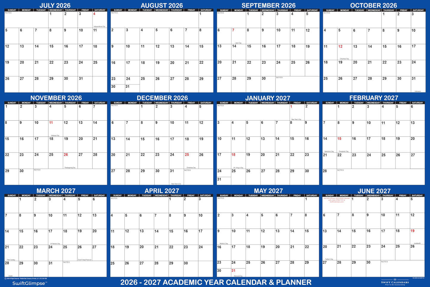 18x24 SwiftGlimpse 2026-2027 Academic Wall Calendar Dry Erase Erasable, Large, Wet & Dry Erase Laminated, Reversible, Yearly Planner JULY 2026 to JUNE 2027 ONLY