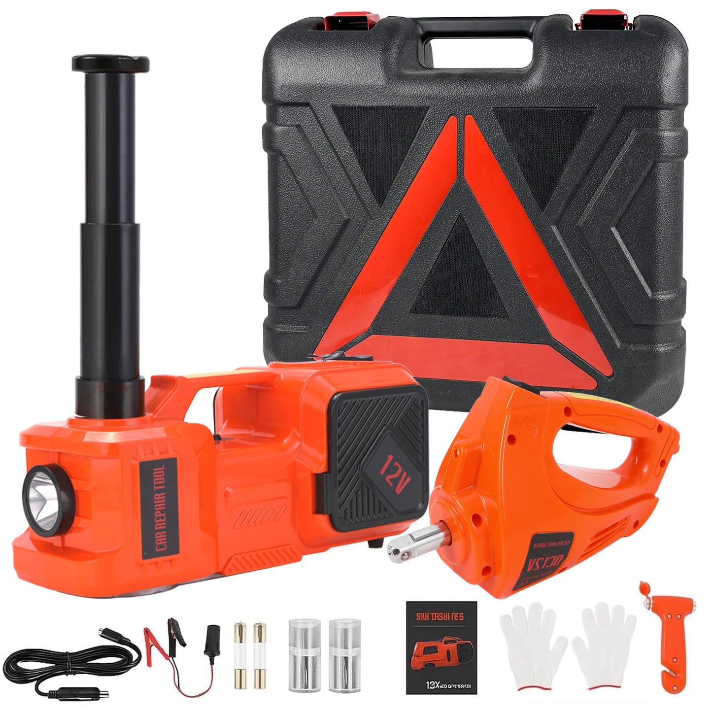 Electric Car Jack Kit 5 Ton 12V Hydraulic Floor Jack with Impact Wrench and Inflatable Pump for SUV Car Emergency Repair Tire Change Kit with LED Light