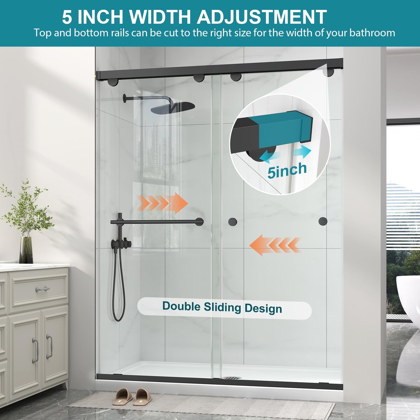 Frameless Shower Door with Soft-Close & Anti-Leak,5/16" (8mm) Double Sliding Shower Door,Nano Coating Anti-Explosion Film SGCC Tempered Glass 55"- 60" W x 76" H,Matte Black