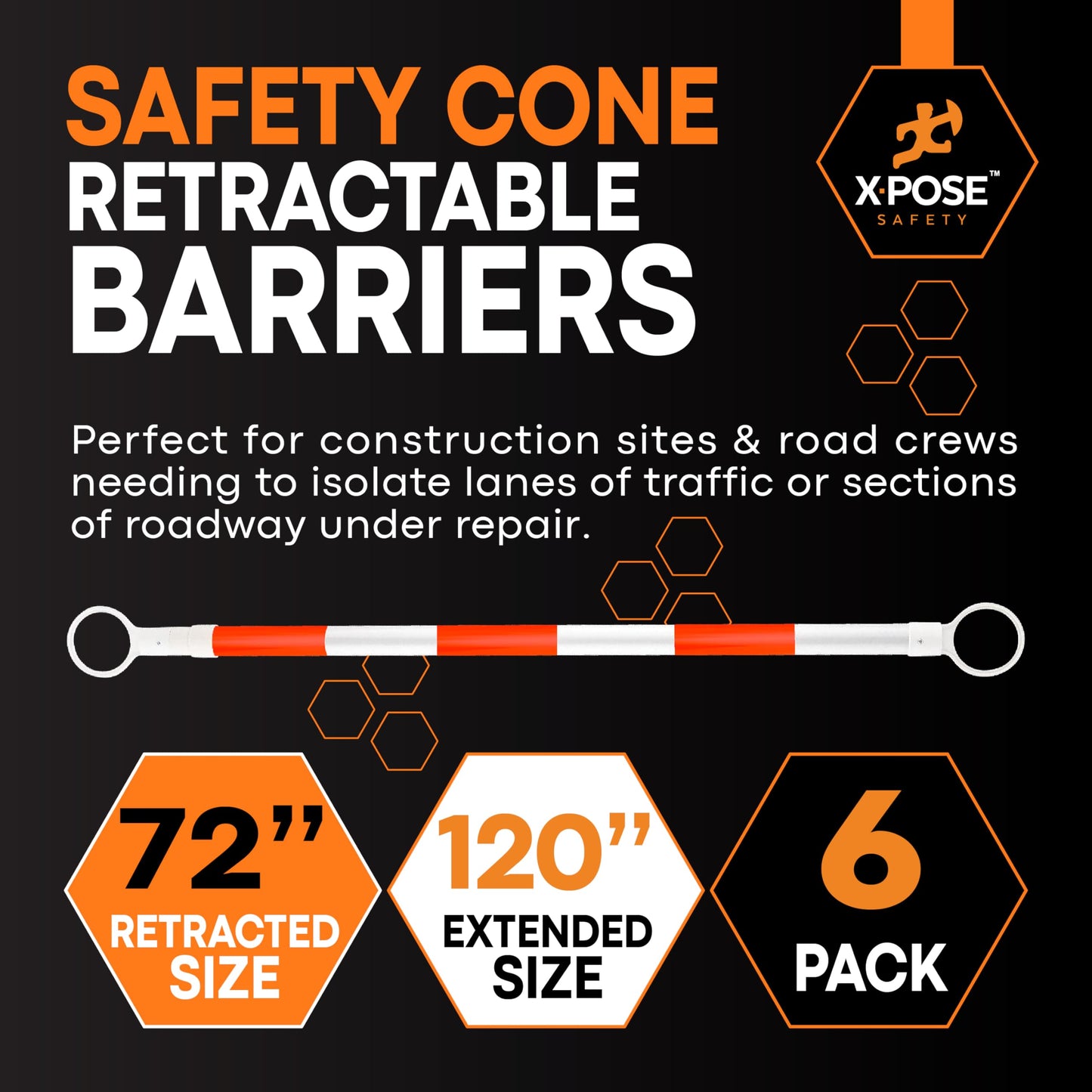 Xpose Safety Reflective Retractable Barrier for Traffic Cones – 6 Pack, Orange/White, Expandable 72″–120″ for Construction, Parking & Crowd Control