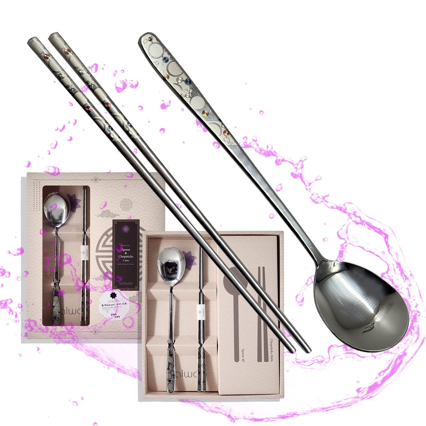 Balwoo [5 Sets][Made in Korea] Sticky Korean Style Rice Spoon Chopsticks Set 430 Stainless Steel Soup Spoon Ramen Noodle Chopsticks Flatware (The Milky Way)