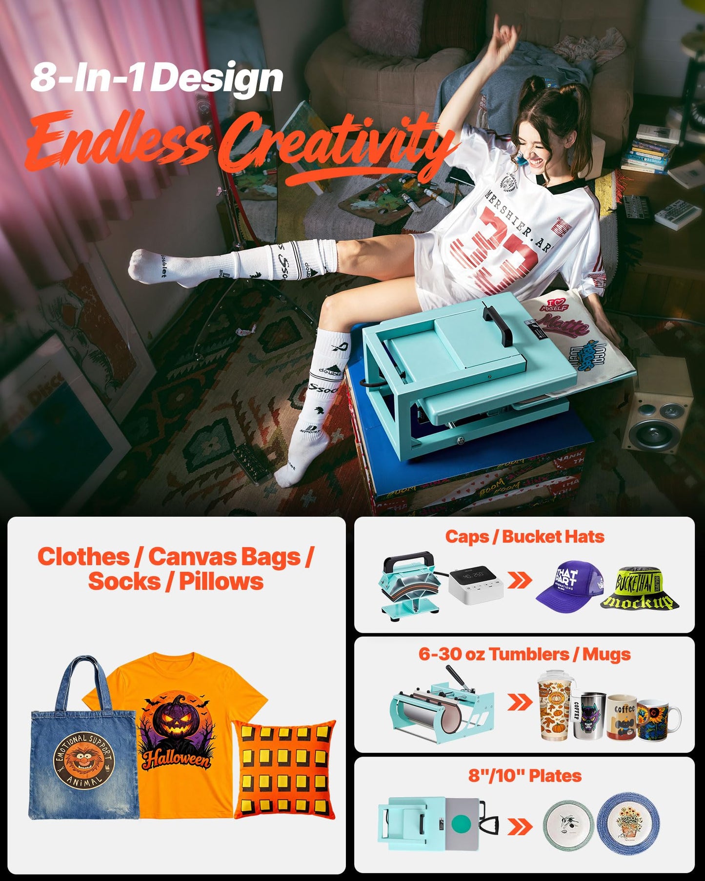 VEVOR Hybrid Heat Press, 15 x 15 inch, 8-in-1 Multifunction, Heat Up Fast and Even, All-New Patented Design, Easy to Control, Sublimation Press Machine for T-Shirts/Tumblers/Caps/Plates, Light Green