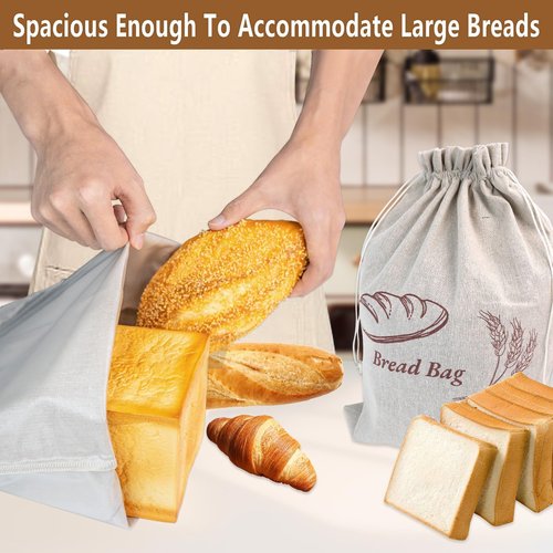 2-Piece Reusable Bread Bag Set. 13 x 17-inch linen bread bag with plastic liner keeps bread fresh and perfectly preserves baked goods.