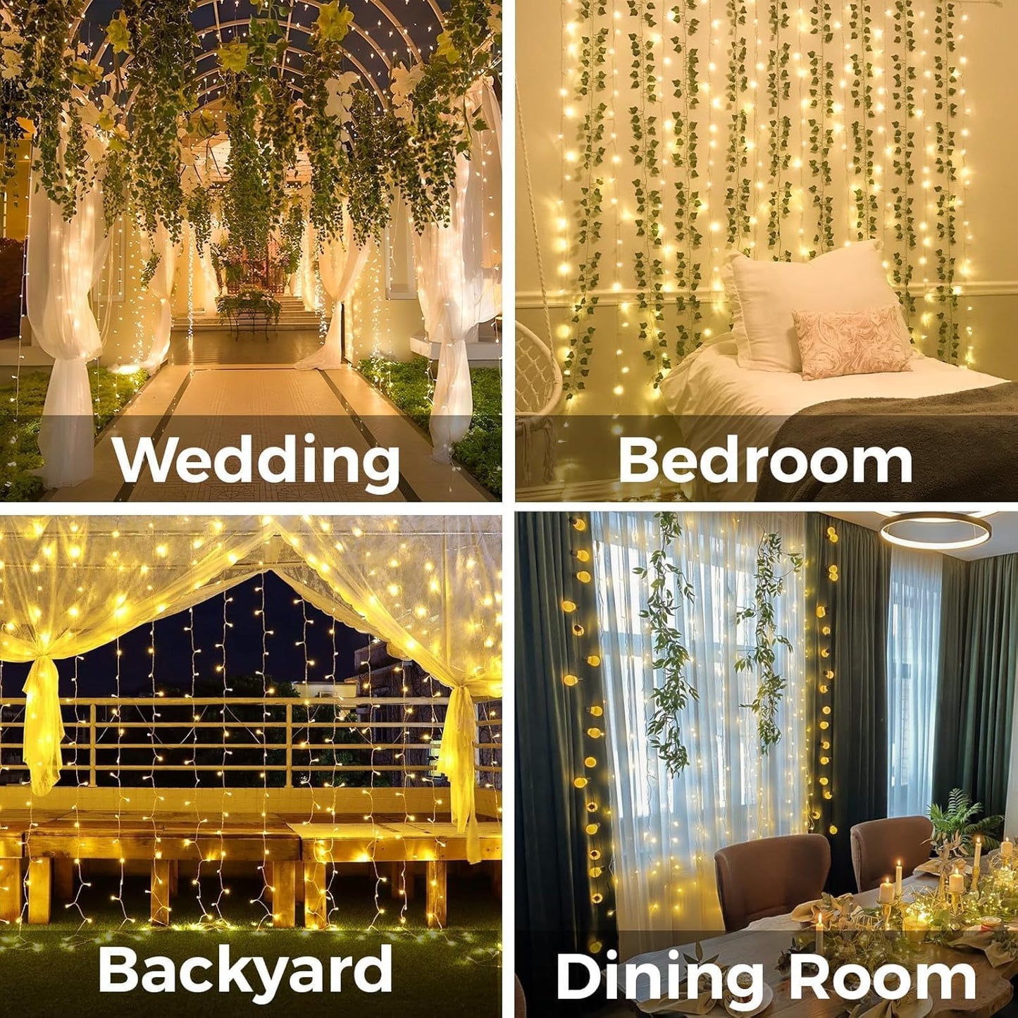 Suddus Curtain Lights - 200 LED Fairy String Lights for Indoor/Outdoor Decor | Warm White