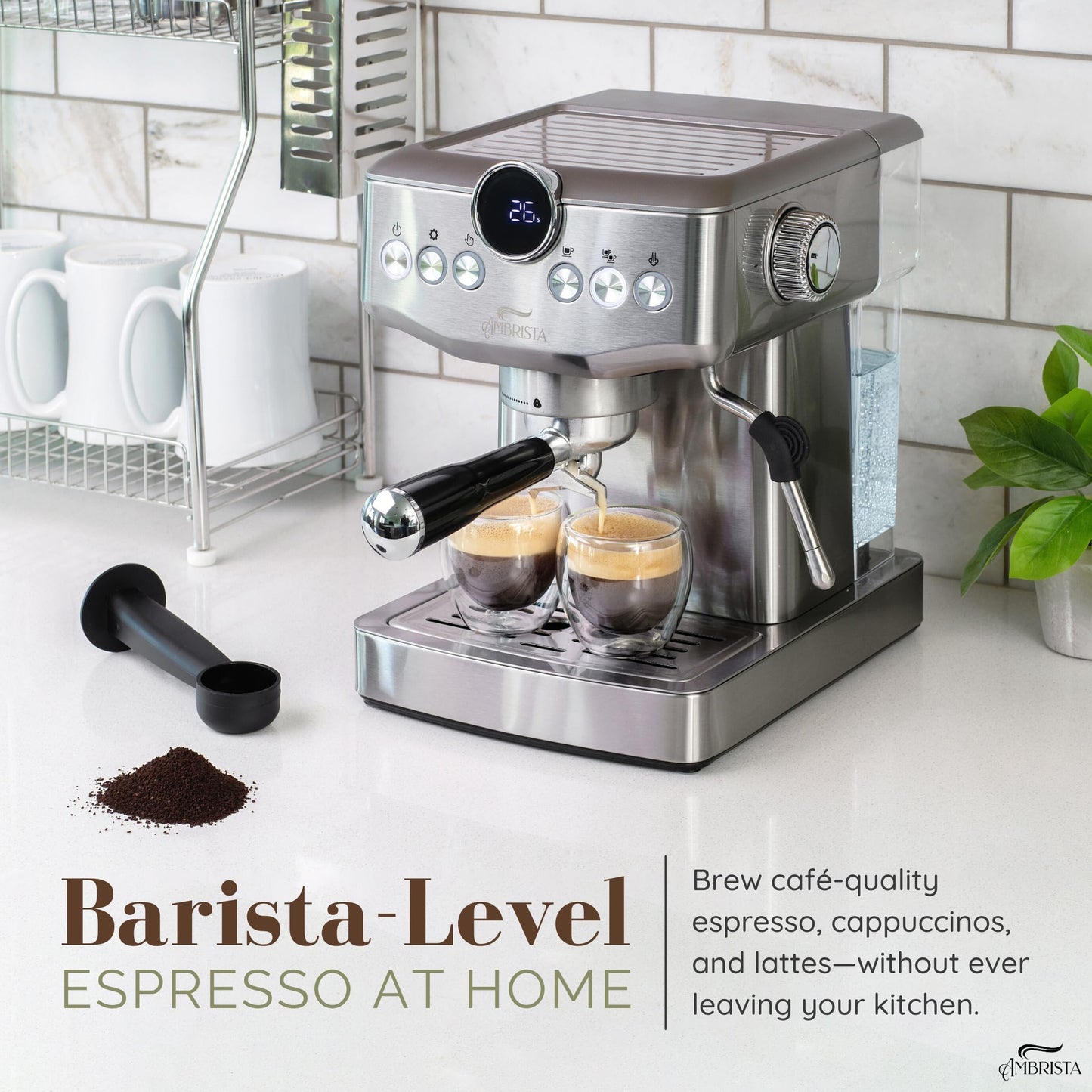 AMBRISTA Espresso Machine 20 Bar with Steam Milk Frother | Stainless Steel Espresso Maker with Customizable Brewing Temperature | 60oz Removable Water Tank | Perfect for Cappuccinos, Lattes and More
