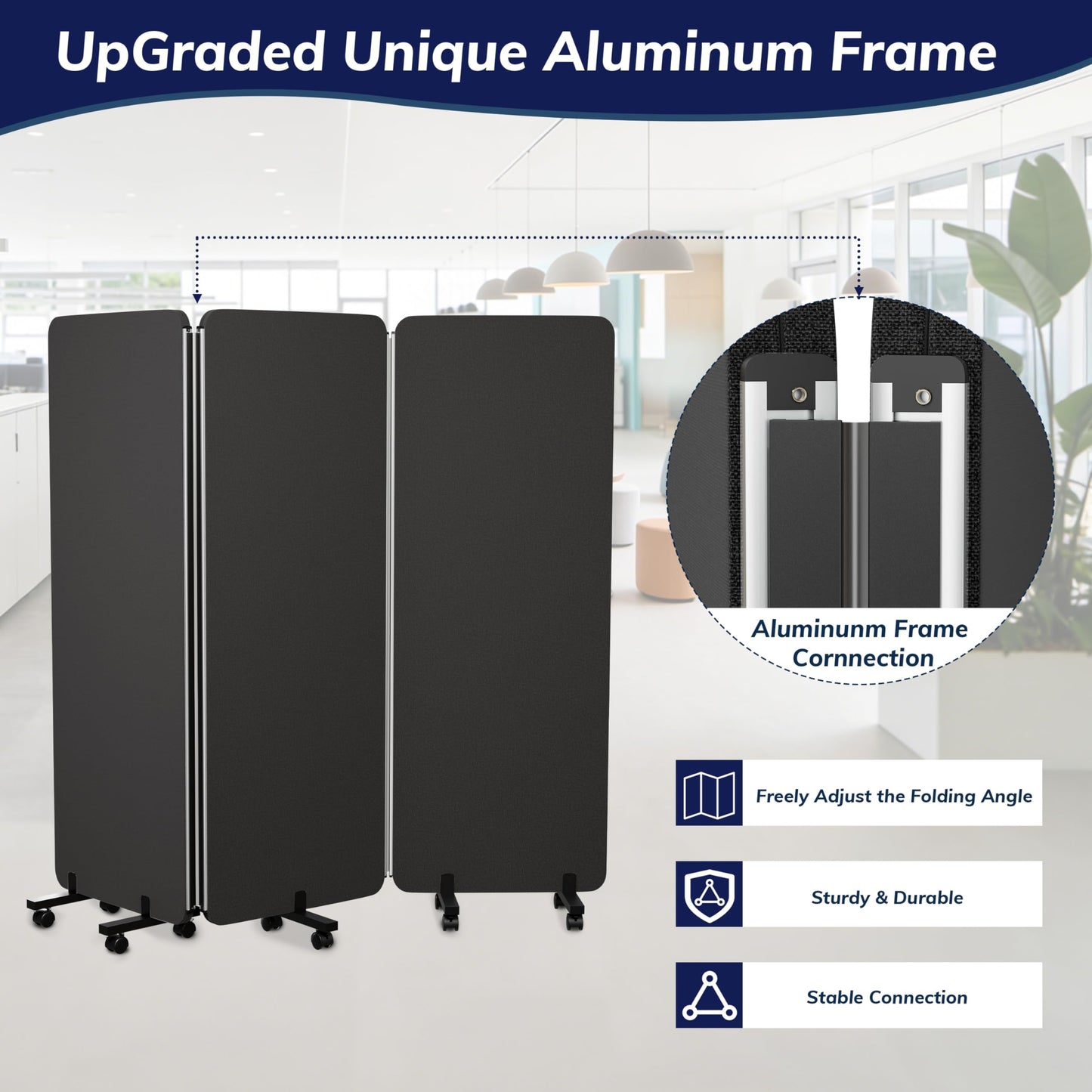 KERRAM 3 Panel Foldable Office Partitions, Mobile Cubicle Wall with Wheels, 71 x 66 Inch Noise Cancelling & Sound Proof Room Dividers Partition Wall, Aluminum Frame Dark Gray