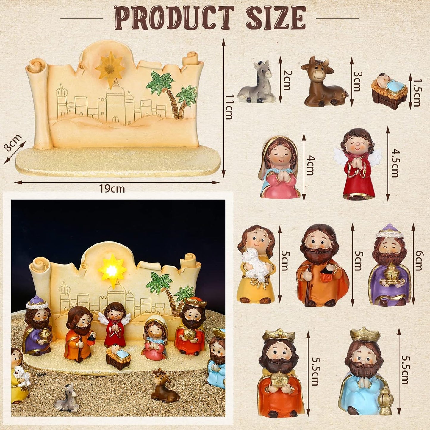 Skiennix Mini Christmas Nativity Set - 11 Colorful Figurines with Light & Rearrangeable Manger Decor