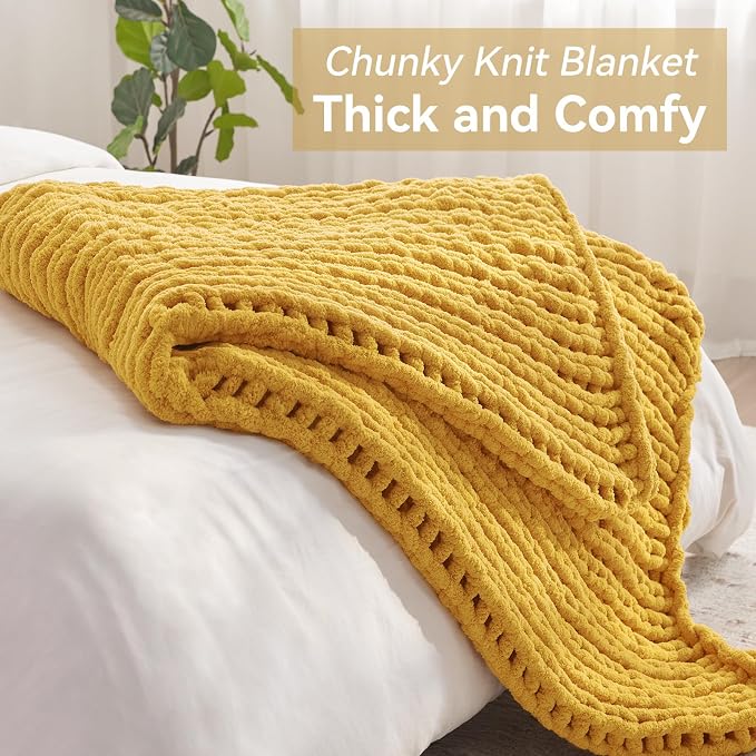 Chunky Knit Throw Blanket, 50''*60'' Knitted Throw Chenille Yarn for Bed Couch, Handmade Yellow Crochet Big Thick Blanket, Machine Washable Cute Comfy Blanket for Home Decor