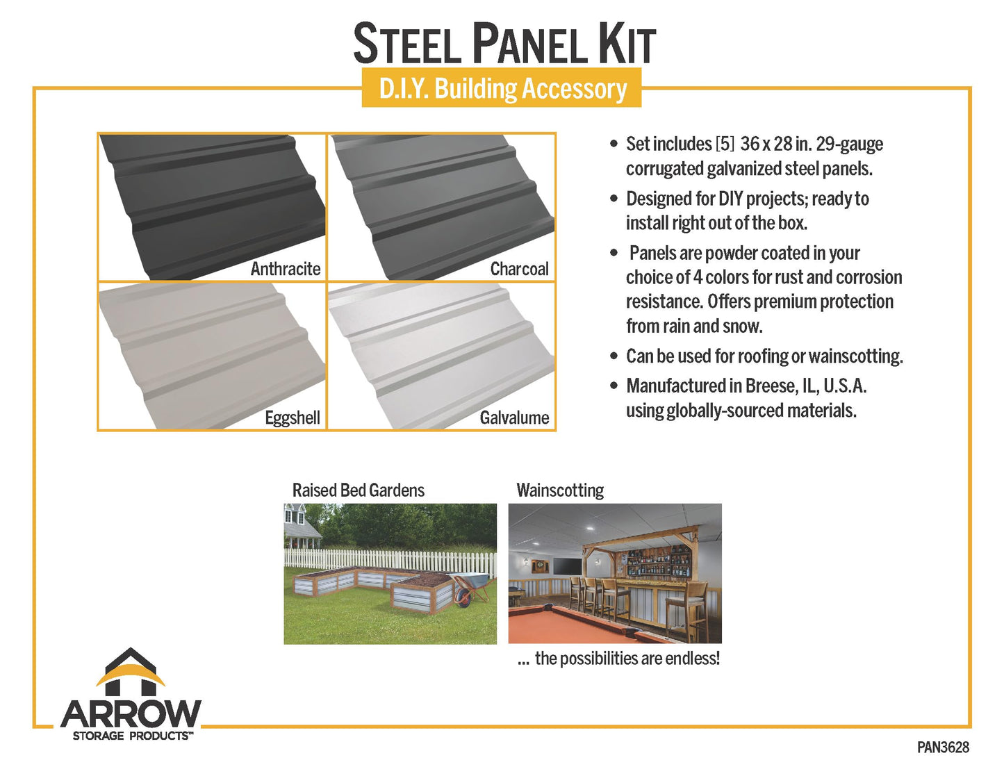 Arrow Set of 5 Galvanized Steel Corrugated Metal Panels, 36x28 Ft Roofing and Siding Sheets for DIY Roof or Wall Projects, Made in USA, Eggshell