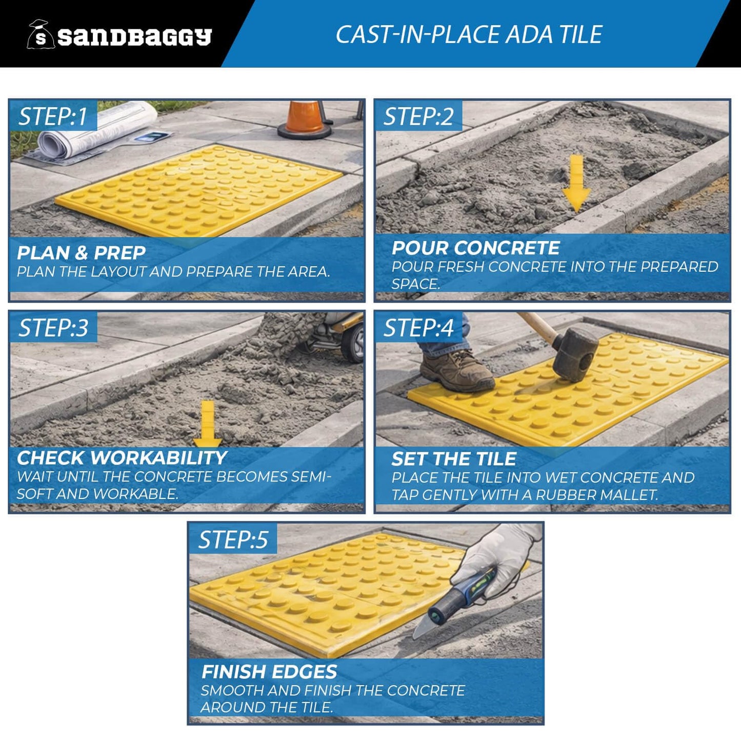 Cast-in-Place ADA Tile (24" x 24") - Truncated Domes - Sandbaggy (2' x 2' ADA Tile, 1, Count)
