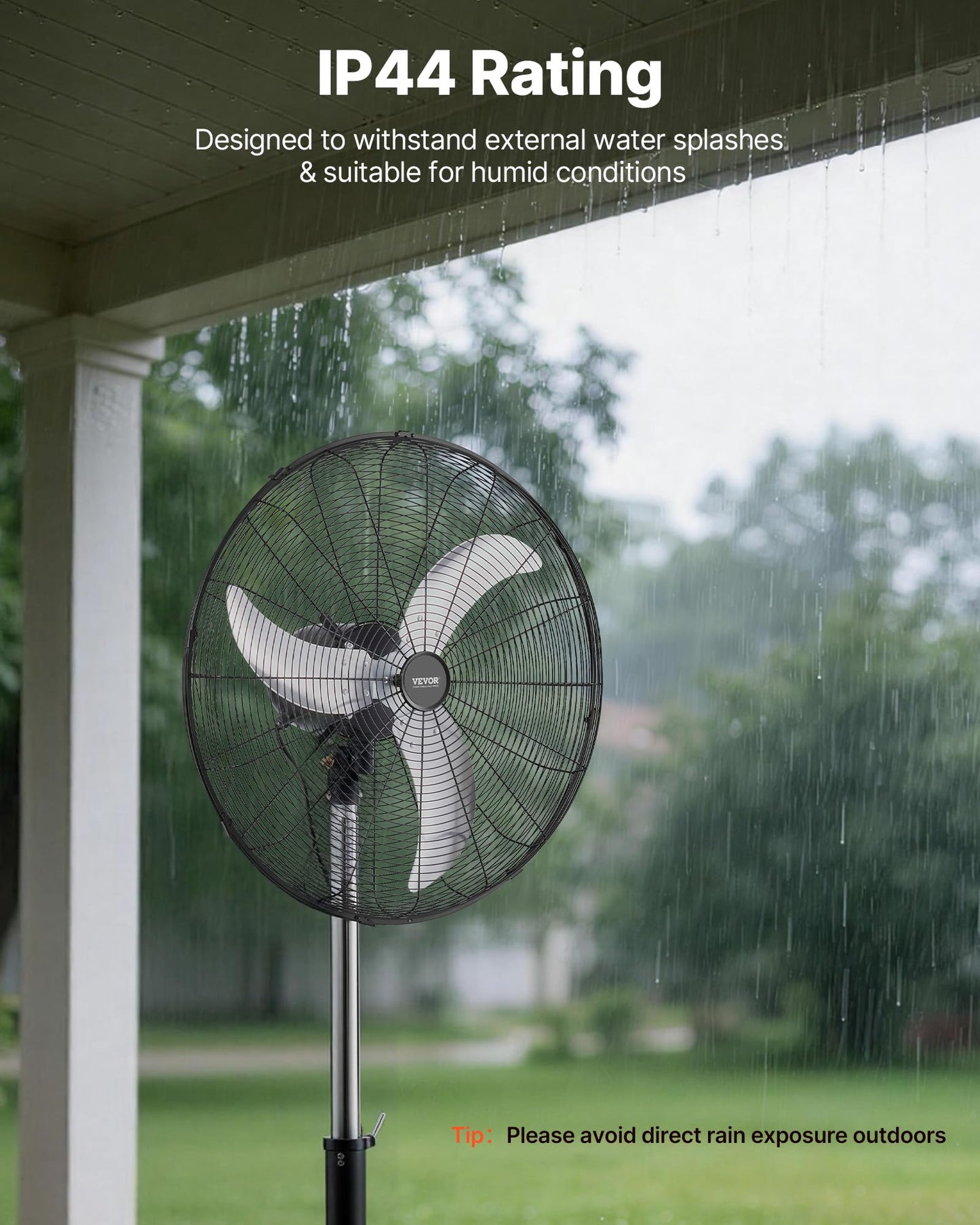 VEVOR 24-Inch High Velocity Pedestal Fan, 6800 CFM Industrial Standing Floor Fan with 85° Oscillating, 3-Speed Adjustable Height, IP44 Waterproof, Carbon Steel for Commercial, Garage, Workshop, Black