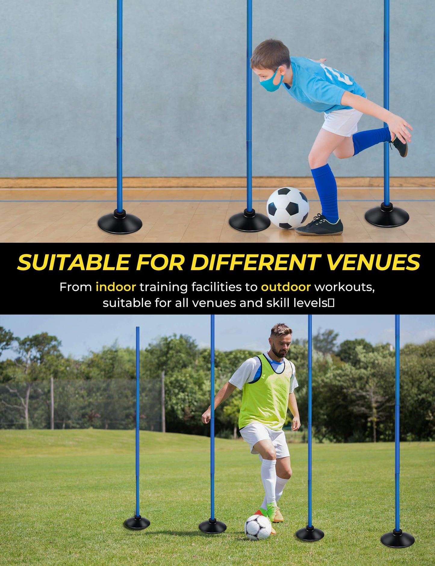 SEAOTTER Soccer Agility Poles Set, 10Pcs 6FT Adjustable Sports Trainning Speed Poles Slalom Poles with Rubber Base, Agility Training Equipment for Football, Rugby, Basketball, Indoor & Outdoor