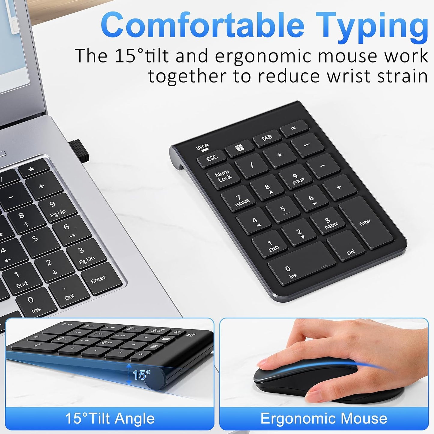 Rytaki 22 3 Set, 2.4GHz Wireless Number Pad and Mouse, Keys USB Keypad and Adjustable DPI Silent Mouse Numeric Pad