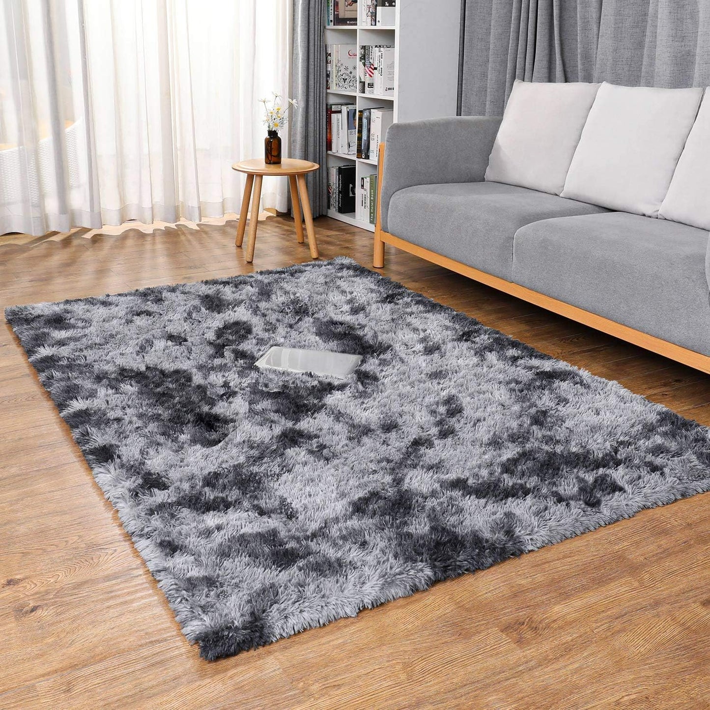 Ophanie Soft Fluffy Shaggy Area Rug - Stylish Tie-Dyed Black & Light Grey | 4x6 Ft for Bedroom & Living Room