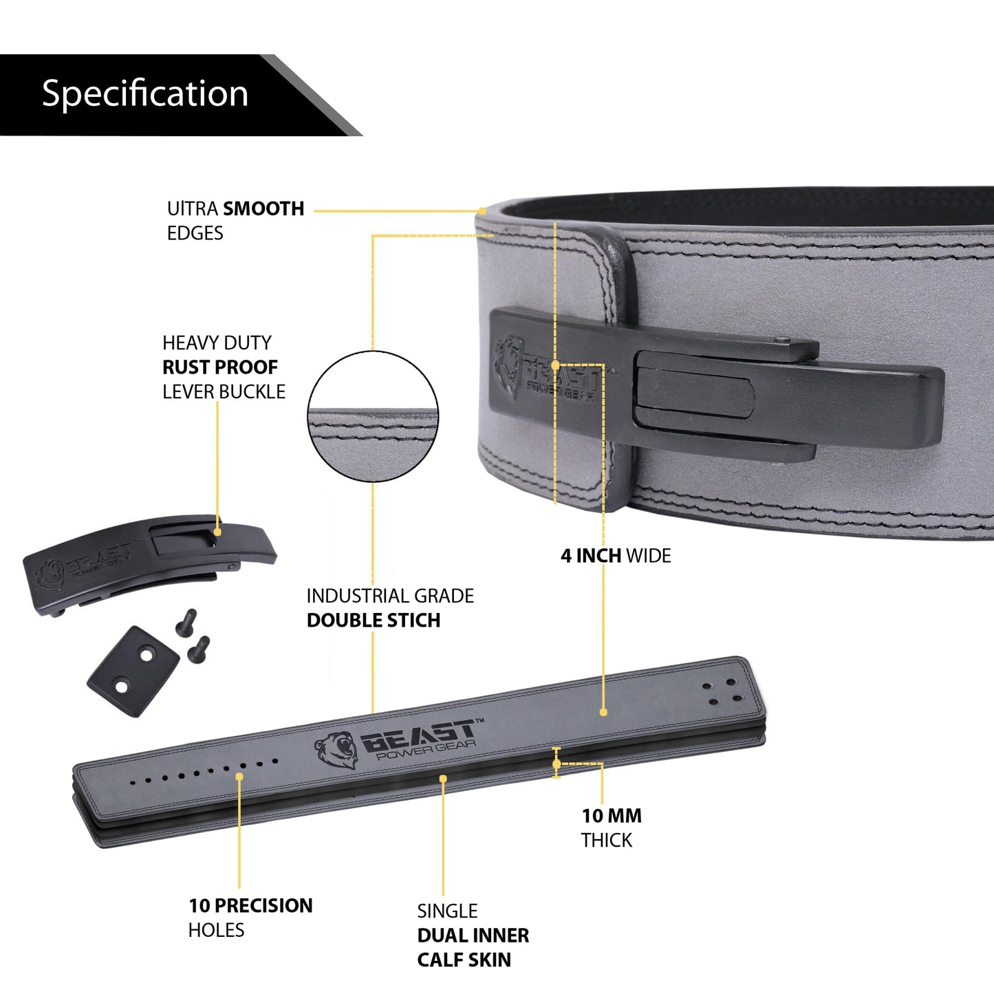 Beast Power Gear Weight Lifting Belt Lever Buckle 10MM 13MM Thick & 4 Inches Free Strap Weightlifting, Powerlifting, Deadlifts, Squats Men Women