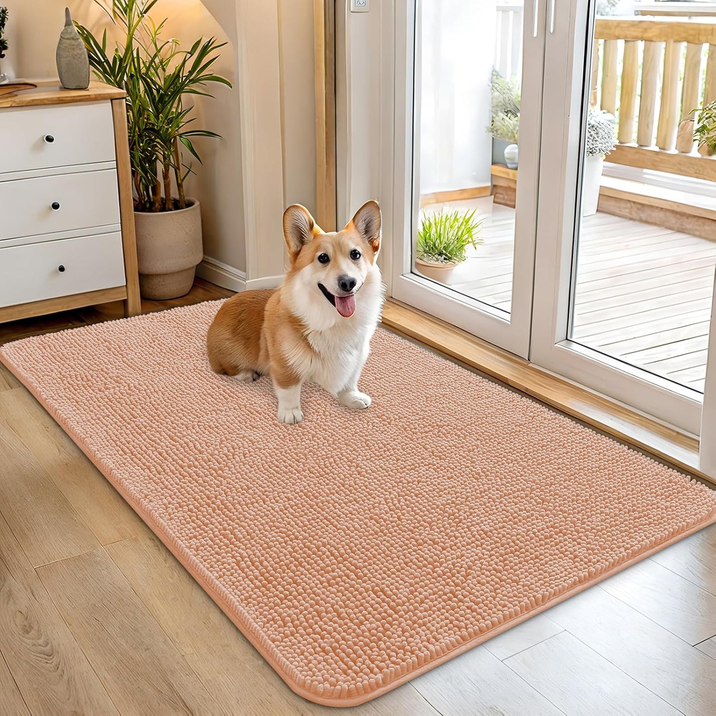 OLANLY Dog Door Mat - Absorbent Non-Slip Washable Doormat for Muddy Paws | Quick Dry Chenille, 45x27, Peach