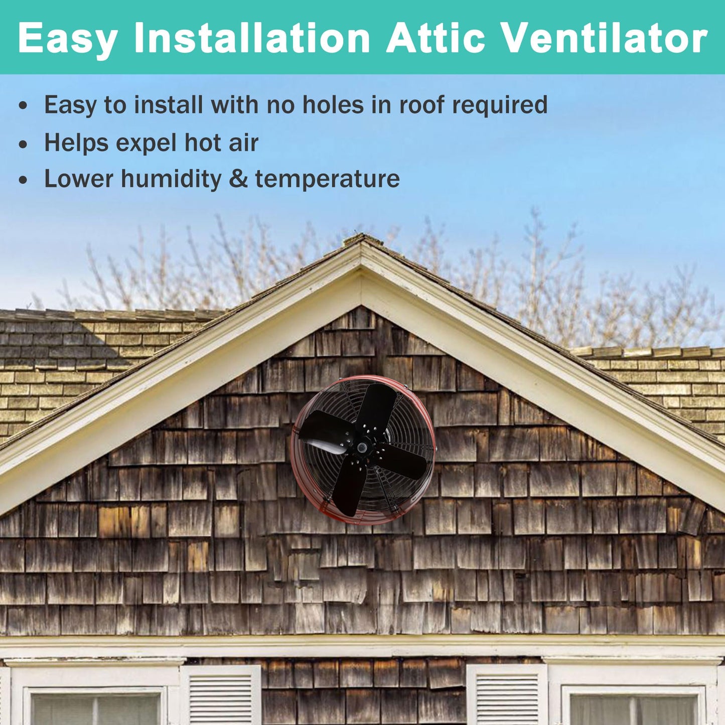 Hipoilk Gable Mount Attic Fan with Adjustable Thermostat, 15 Inch Exhaust Fan for Attic, Garage, Shed, Shop Ventilation, 1300 CFM, 1075 RPM, 1850 SQF Coverage Area