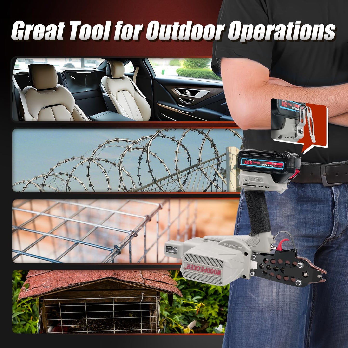 WOODPECKER eC760T 16GA Cordless 20V 4.0Ah Electric Hog Ring Gun, 1/2-Inch Crown, 3.0-4.0mm Closure Diameter, Battery Powered C Ring Plier Tool for Fencing, Wire Cages