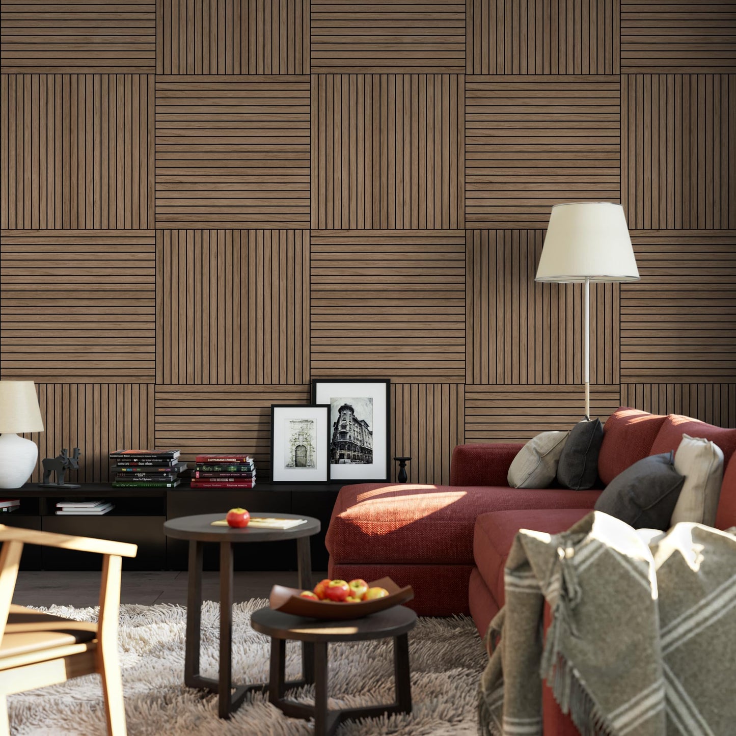 INNO STICKERS 4-Piece Wood Slat Wall Panel for Interior Wall Decor Noise Cancelling 47.2" x 23.6" Peel and Stick Acoustic Decorative 3D Sound Absorbing Wall Paneling, Walnut