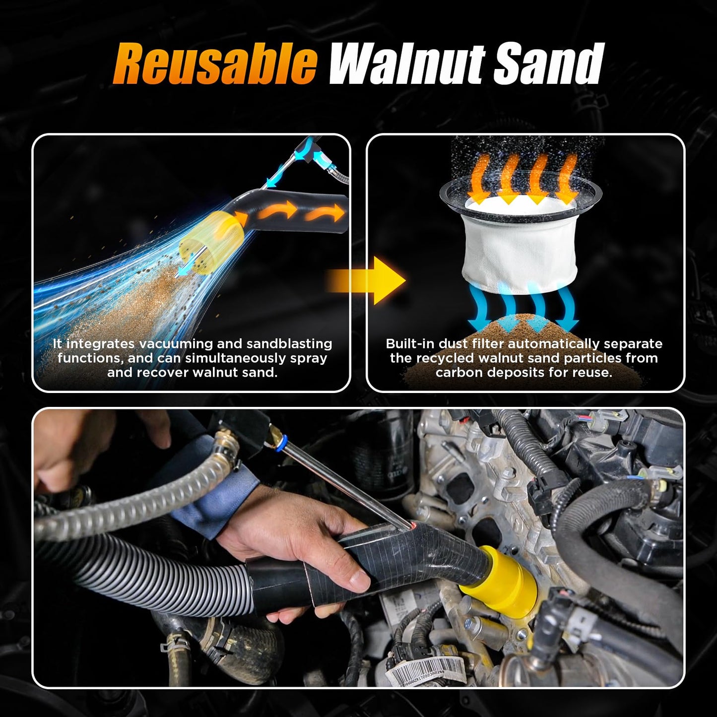 Walnut Blaster Kit for Carbon Cleaning with 2kg Walnut Sand Blaster Machine HTS558 Engine Intake Valve Cleaning Kit 1200W Automotive Engine Carbon Remover with 8.9Ft Sandblasting Hose,5 Adapters