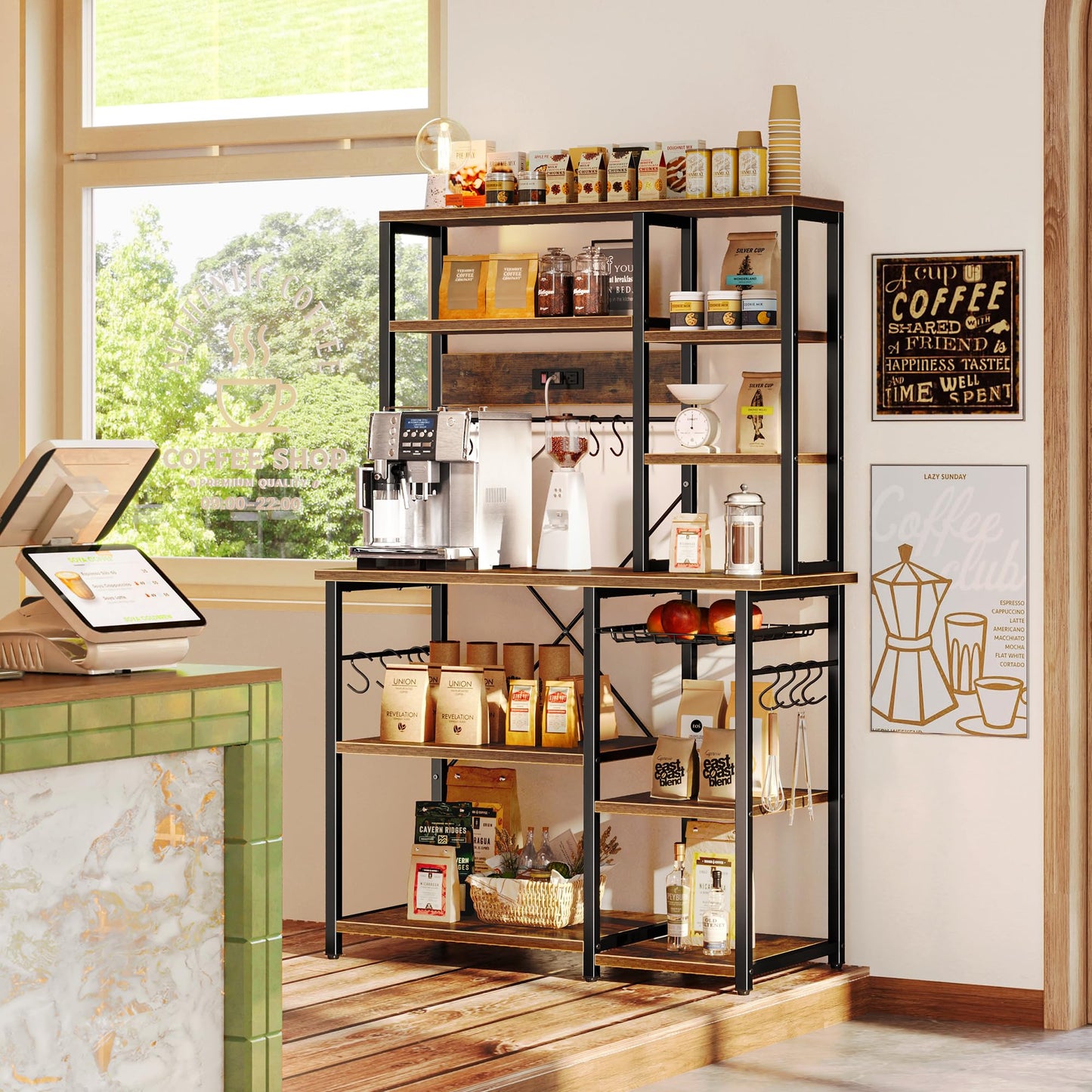SUPERJARE Large Bakers Rack with Power Outlets, 6-Tier Microwave Stand, Coffee Bar with 12 S-Shaped Hooks, Kitchen Shelf with Wire Basket, 39.4 x 14.6 x 66.9 Inches, Rustic Brown