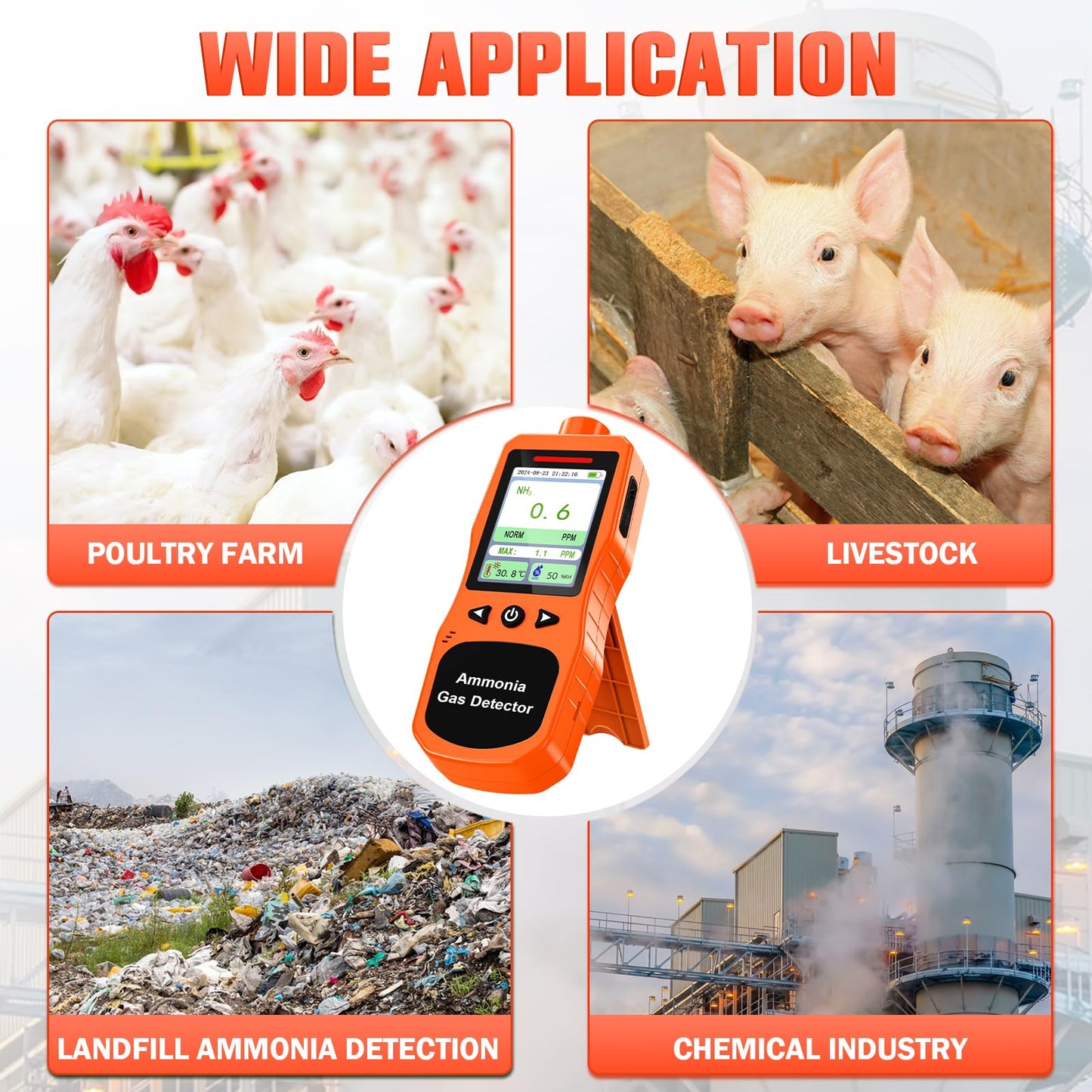 ZYKYCX Portable Ammonia Gas Detector, 0-200 PPM Rechargeable Ammonia Gas Monitor, Digital Air Quality NH3 Gas Meter with Temperature Humidity Tester for Farm, Poultry, Pig & Livestock, Orange