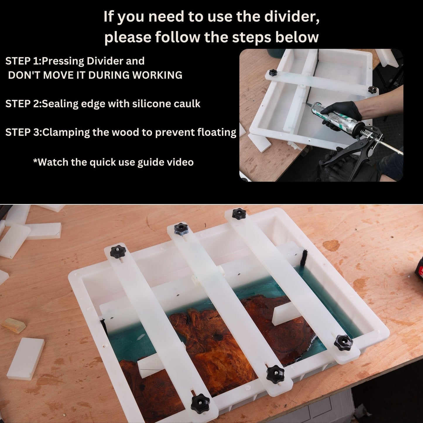 Kalinta Epoxy Mold with Divider Adjustable- 23.5x23.5x3in No-Seal Resin Mold Integrated Clamping System - Perfect for Beginners & Experienced Artists Alike - Ideal for Creative Resin Art Projects