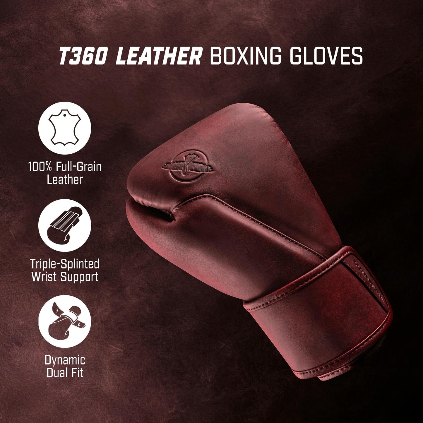 Hayabusa T360 Leather Boxing Gloves for Men and Women Wrist and Knuckle Protection, Triple Splinted Wrist Support, Cloud-Like Knuckle Padding - Burgundy, 16oz