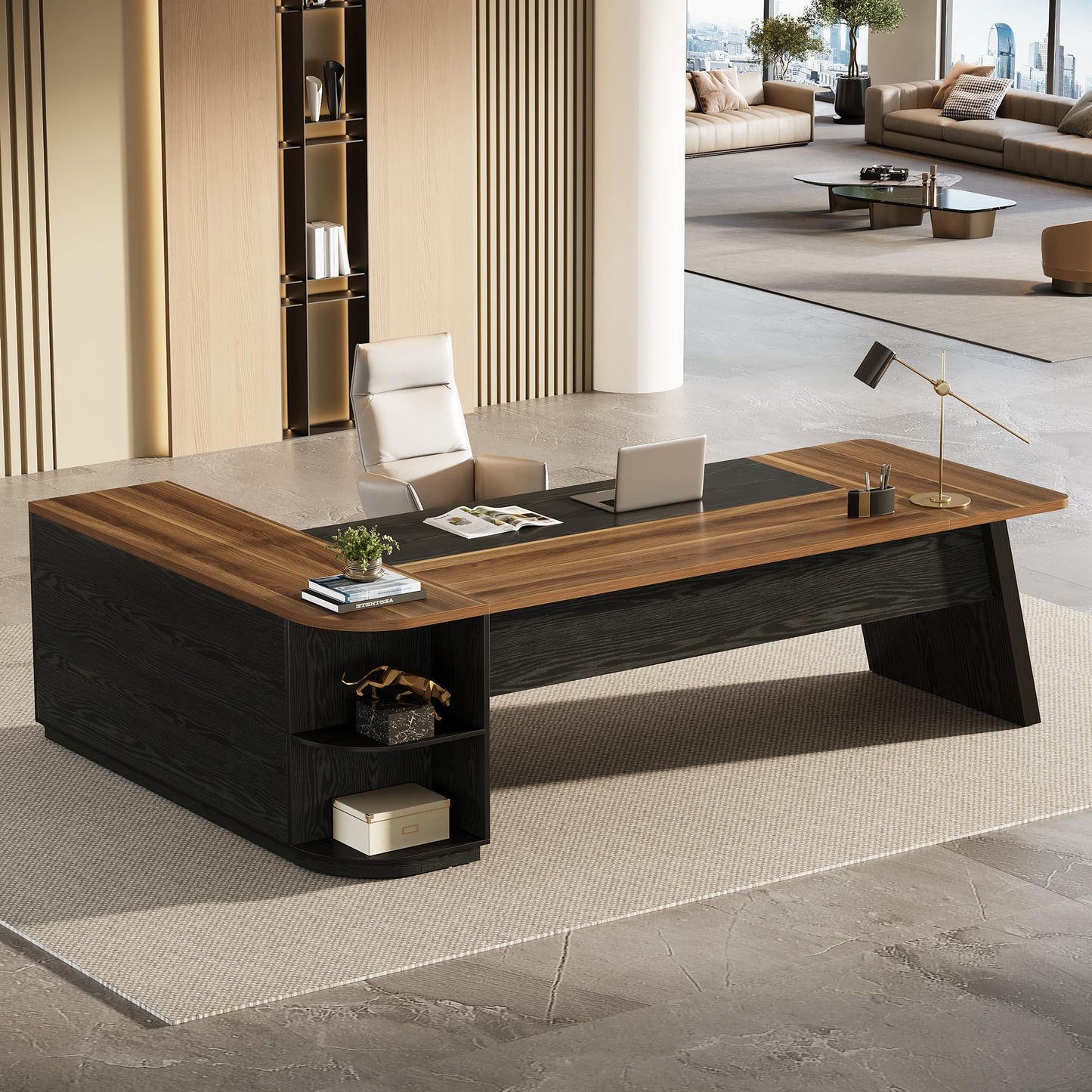 Tribesigns 79-Inch Executive Desk, Large Office Desk with Cabinet, L-Shaped Compter Desk with Storage Shelves, Writing Table for Home Office, Brown and Black