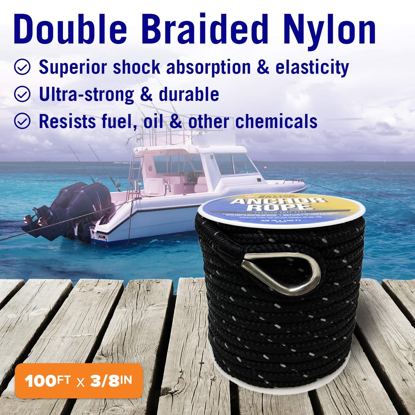 Better Boat Premium Anchor Rope, 100 Ft Double Braided White Nylon Marine Line, Reflective 3/8 Inch Reel for Anchors and Boats - Black