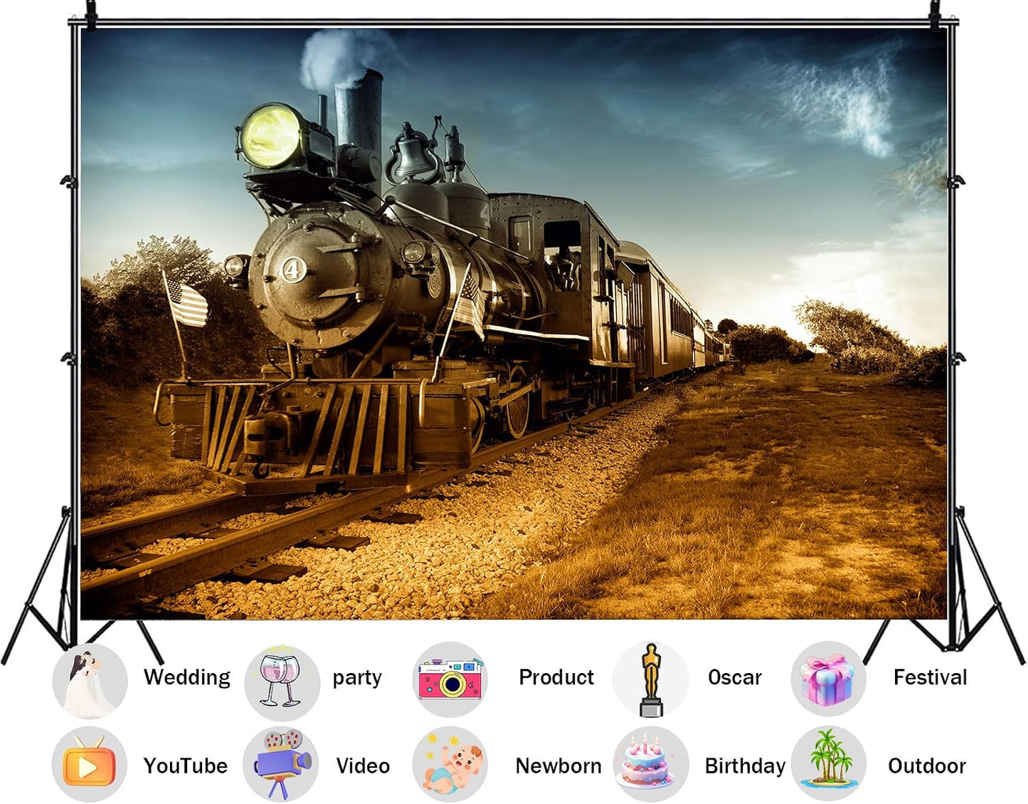 SHDASMIL 8X6ft Sunset Fabric Vintage Steam Locomotive Backdrop Train Tracks Background Western Cowboy Birthday Party