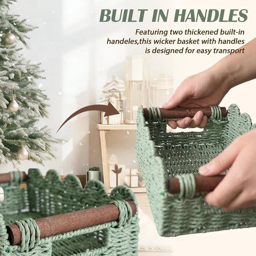 Handwoven Wicker Basket Set of 2 - Small Scalloped Toilet Paper Storage with Built-in Handles | Green