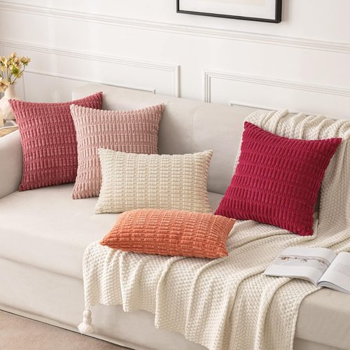 MIULEE Corduroy Throw Pillow Covers - Soft Boho Striped Design | 20x20 Inch Cranberry Red for Modern Home Decor