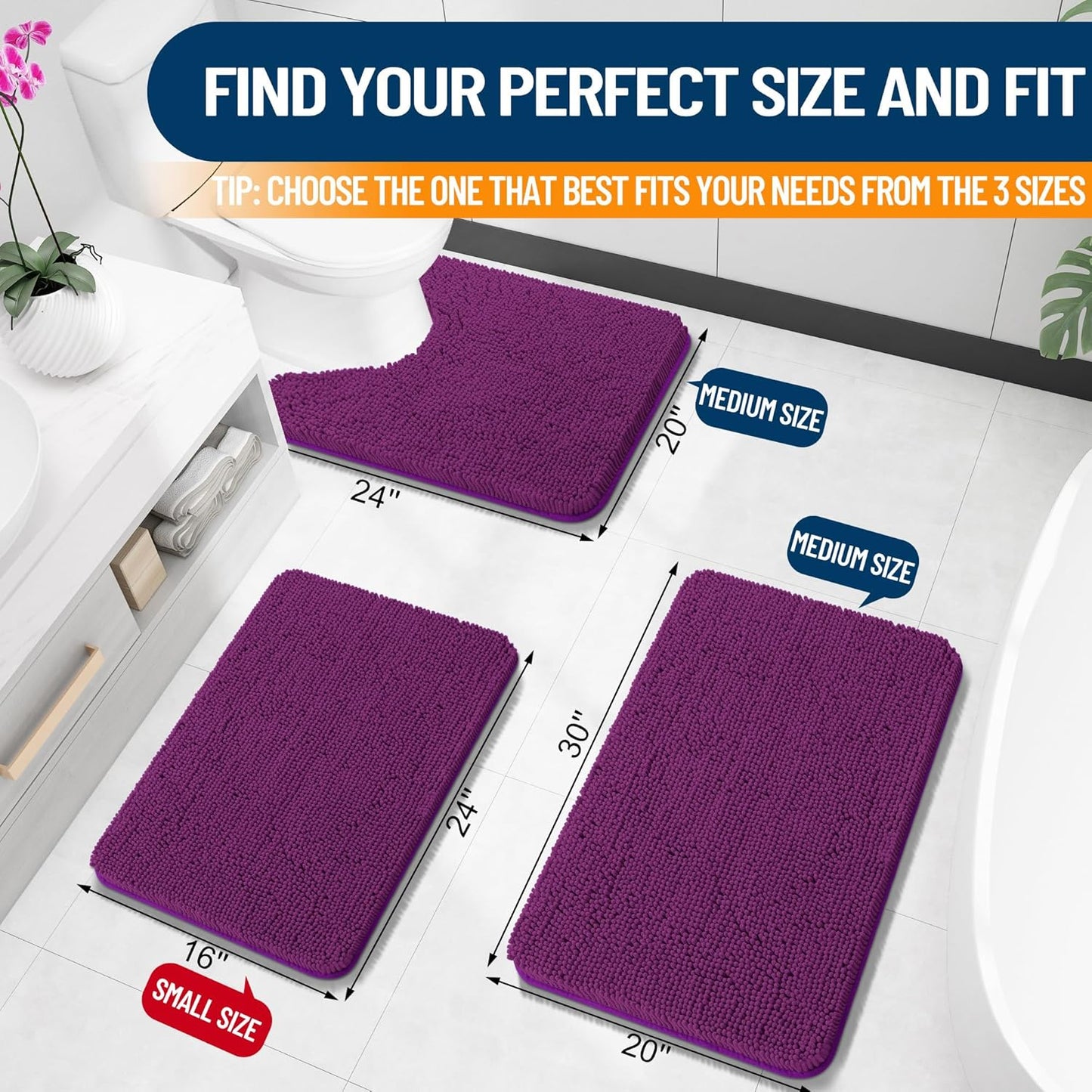 OLANLY Bathroom Rugs - Extra Soft Chenille Bath Mats | 36x24, Quick Dry, Machine Washable, Purple