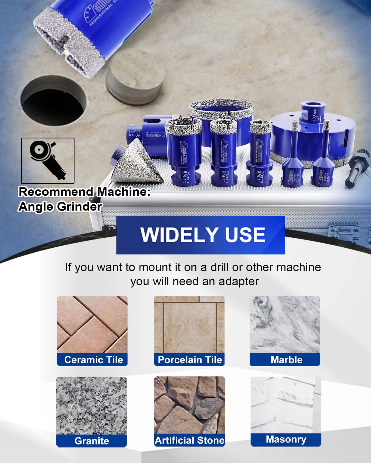 SHDIATOOL Diamond Tile Drill Bits Set,Porcelain Hole Saw, Cutter for Marble Ceramic Granite 10pieces(6/6/20/25/35/50/75/100mm/2 inch)