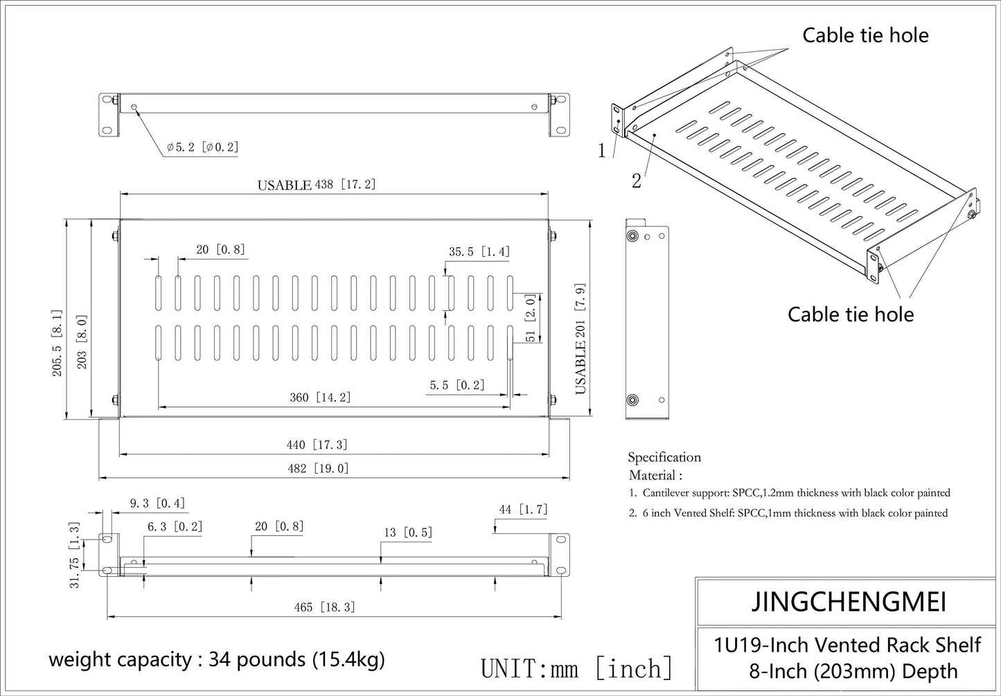 Jingchengmei 1U Disassembled Vented Cantilever Server Rack Mount Shelf 8"(203mm) Depth for 19-Inch Network/AV Equipment Rack and Cabinet(1U8V)