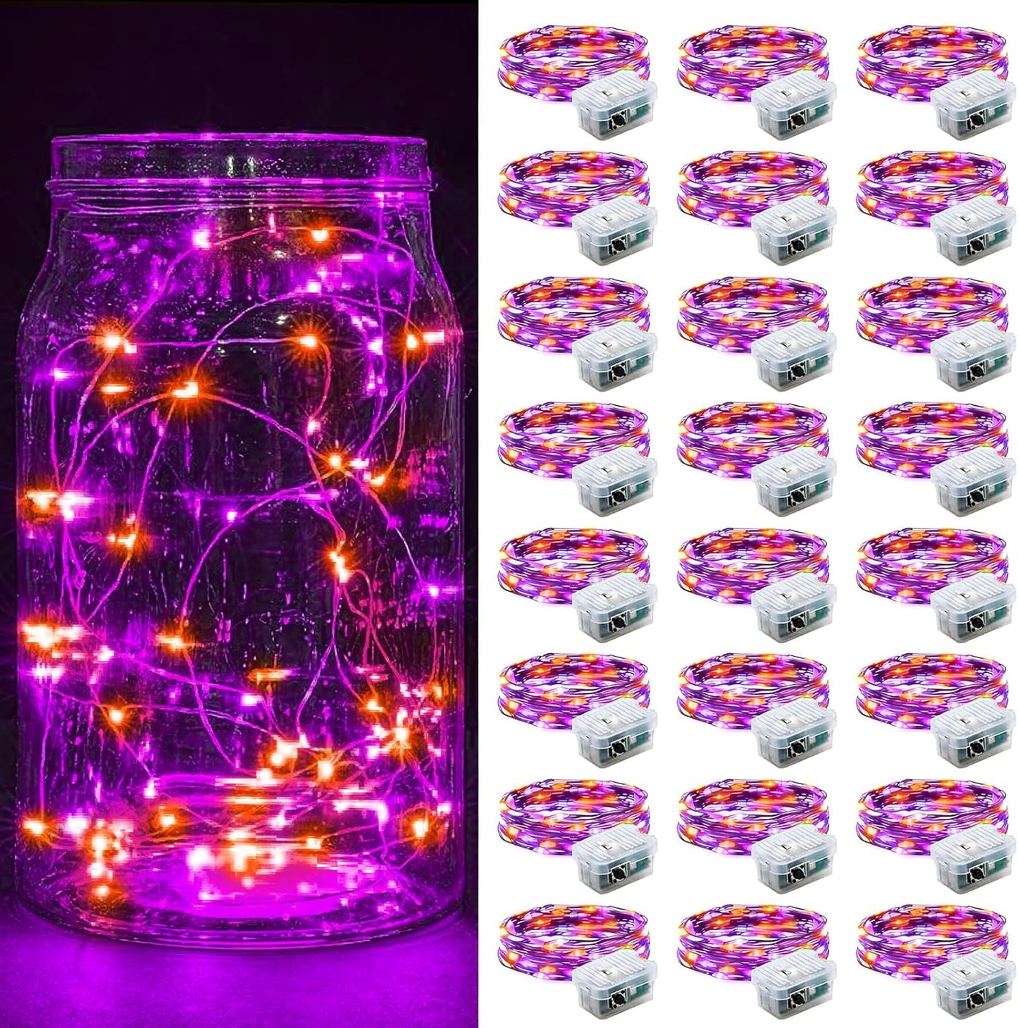 Skiennix 24-Pack Fairy Lights - 7Ft 20 LED Twinkle String Lights | Battery Operated & Waterproof for Parties, Weddings, Christmas, and Valentine's Day - Orange & Purple