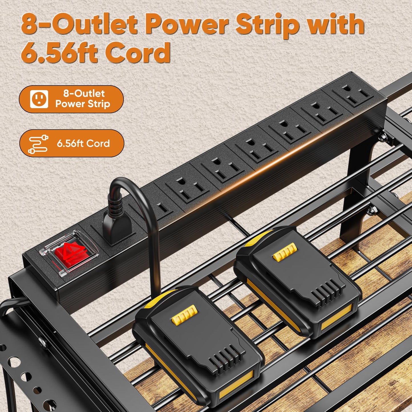 POKIPO 49.5" W Large Power Tool Organizer with Charging Station, 4 Layer Heavy Duty Utility Rack Loads 800lbs, Holds 12 Cordless Drills, Wall Mount Tool Shelf with 8-Outlet Power Strip, Gift for Men