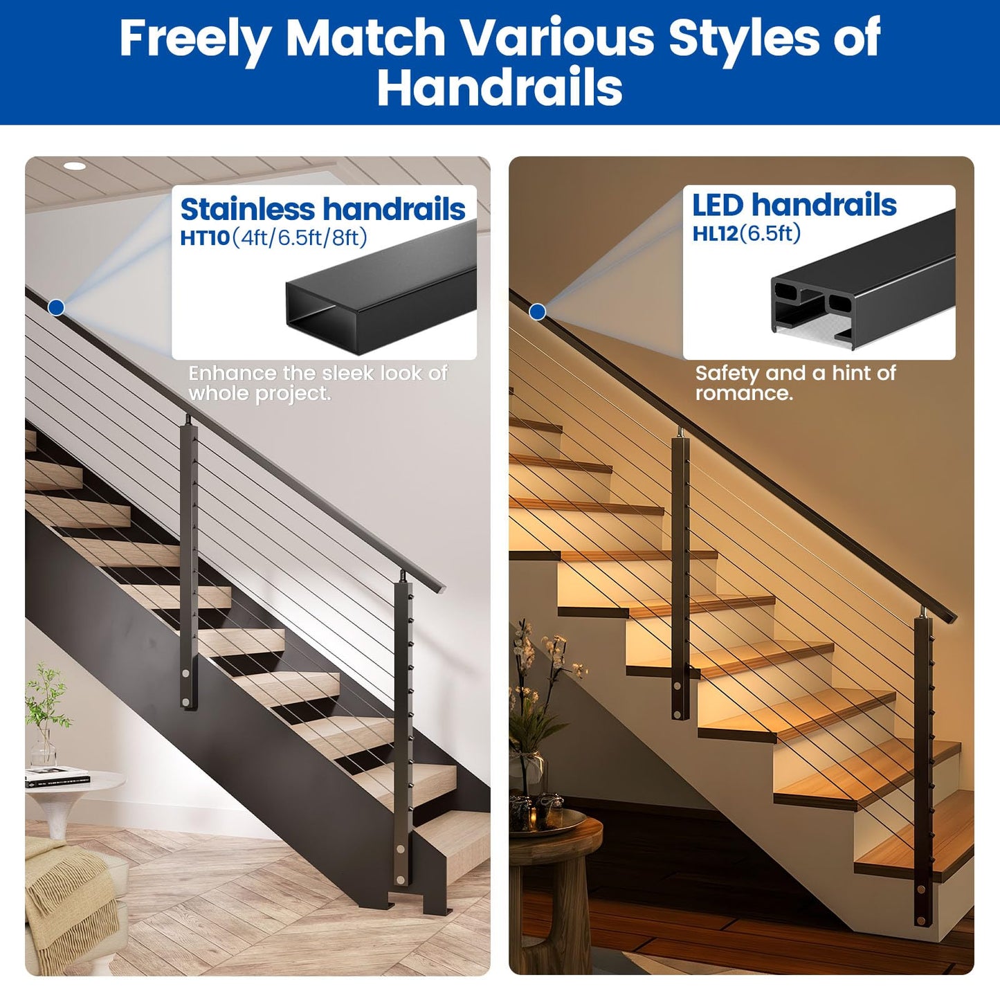 Muzata 8-12FT Modular Black Side Mount Cable Railing Kit 36 Inch 3 Stair Post Kit Complete Set Cable Railing System for Stairs Length Adjustable Easy DIY with Paper User Guide (No Handrail) RW29