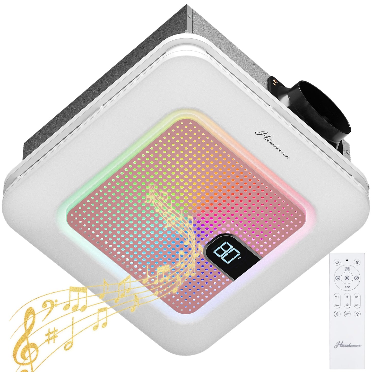 Hawkrown Bathroom Exhaust Fan with Bluetooth Speaker, 230 CFM 1.0 Sone Bathroom Exhaust Fan with Light, 3 Dynamic Light, 7 LED Color, 3 Color Temperatures, Nightlight,Remote, Easy Install