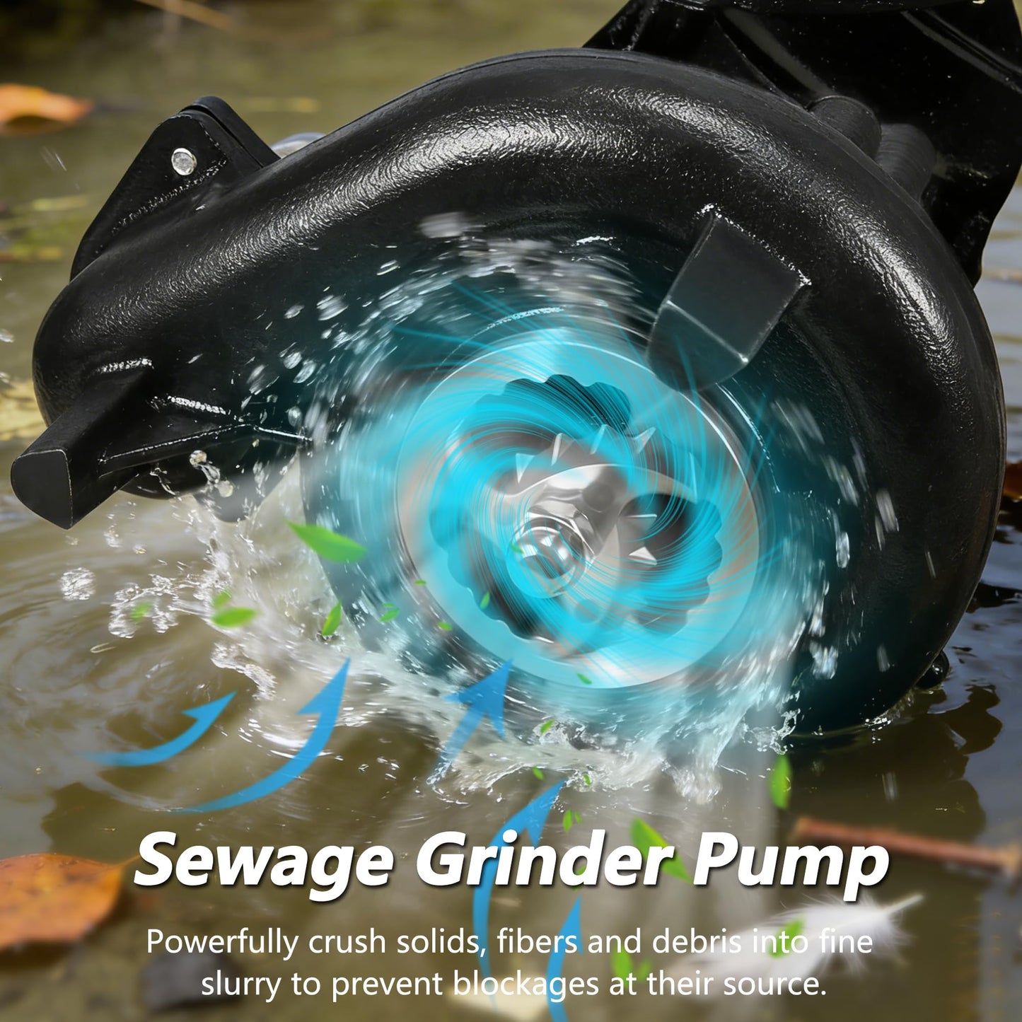 Sump Pump Submersible, Sewage Grinder Pump 110V 6400GPH 40Ft Max Head, Cast Iron Effluent Pump with Auto Float Switch 2'' NPT for Basement Basin Sewage Well Pond Swimming Pool, 32Ft Power Cord