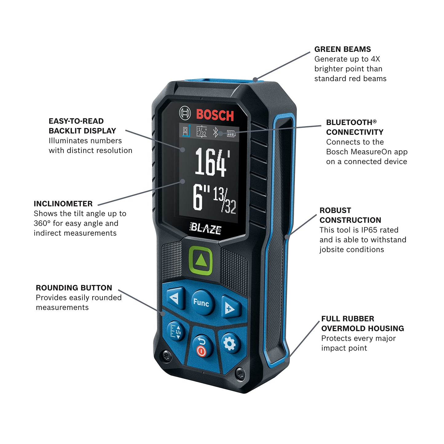 BOSCH GLM165-27CGL 165 Ft Blaze Green-Beam Laser Distance Measure with 3.7V Lithium-Ion 1.0 Ah Battery, Includes 1.0 Ah 3.7V Lithium-Ion Battery, Belt Clip, & Pouch
