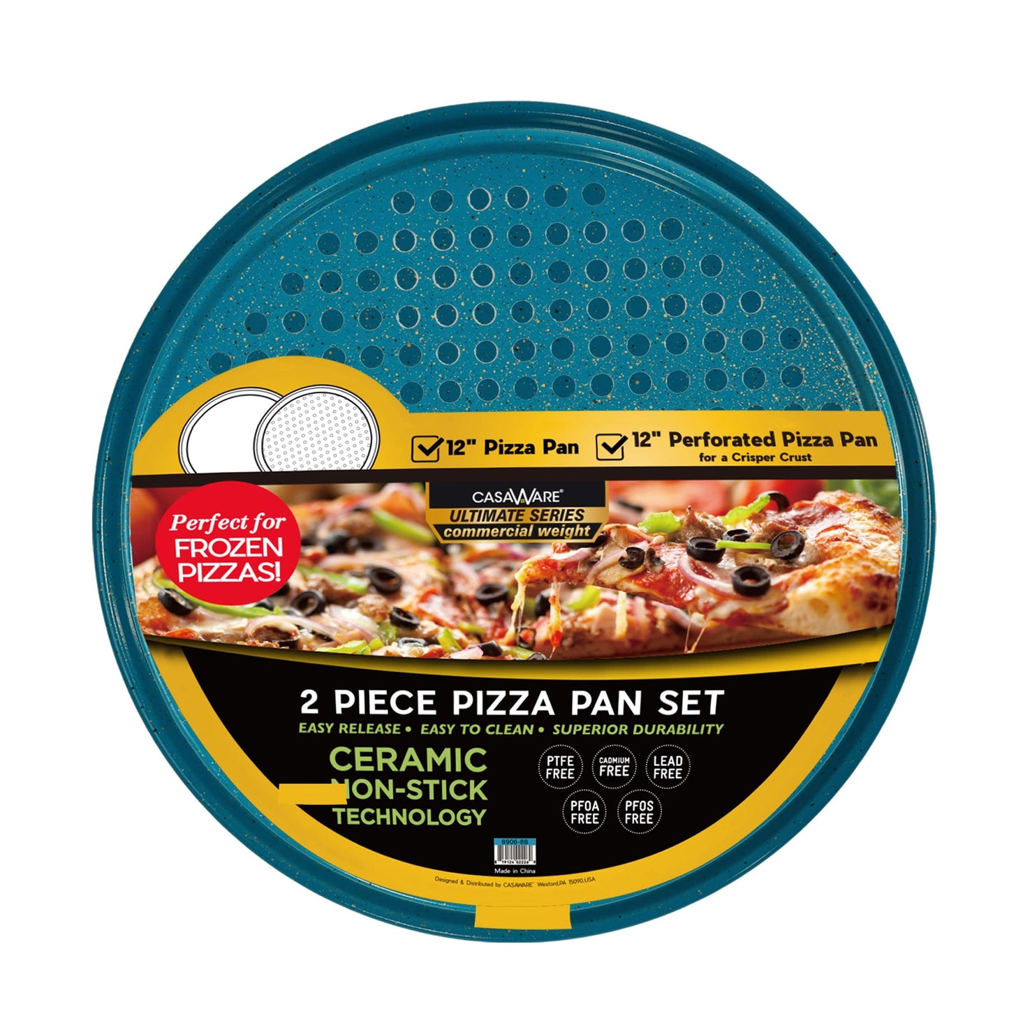 casaWare 2pc 12-inch Ultimate Pizza Pan Set, Nonstick, Ceramic Coated, (1) Solid, (1) Perforated (Blue Granite)