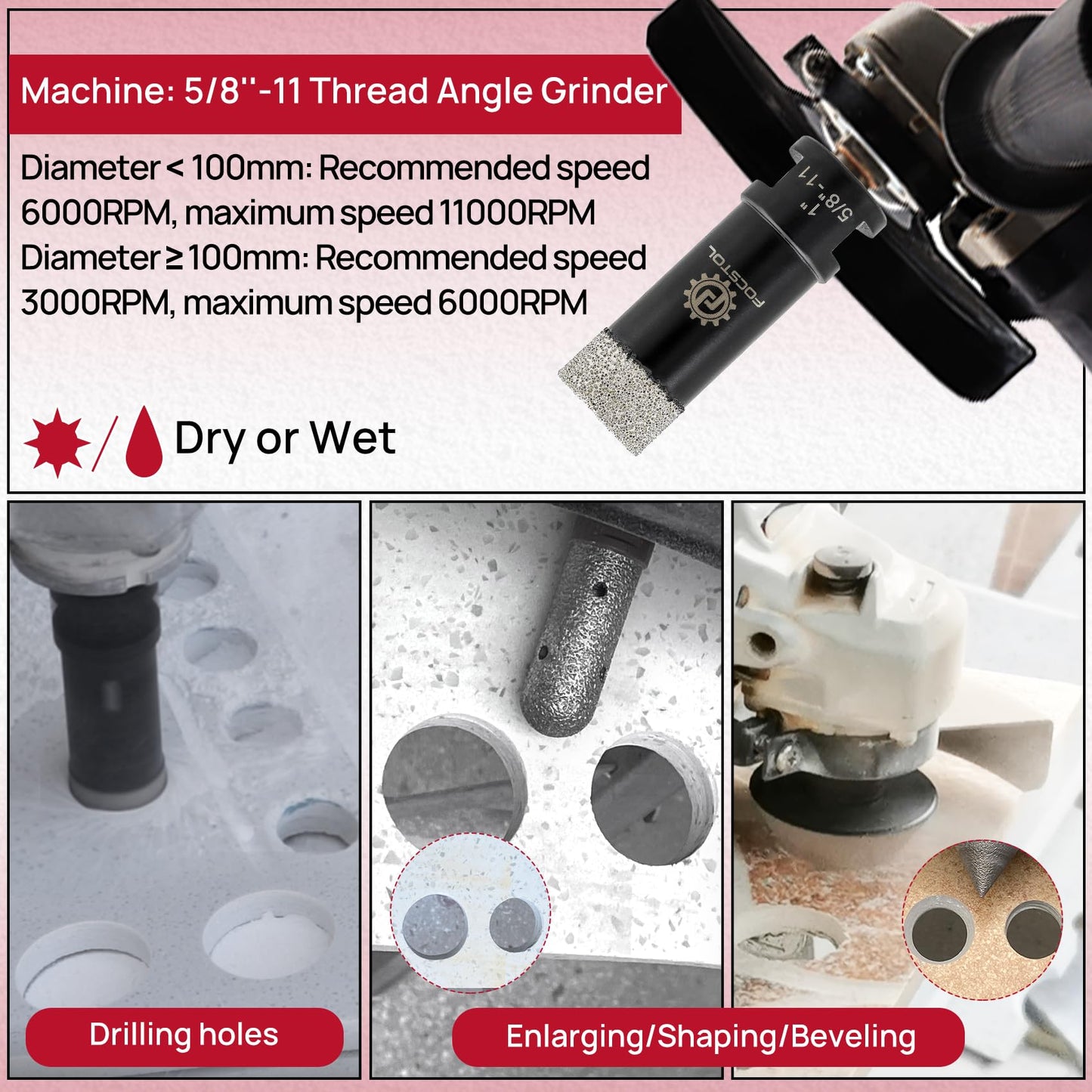 Diamond Core Drill Bit Set - FOCSTOL 11pcs (6/6/19/35/51/76/102mm+20mm Finger Milling Bit+50mm Beveling Chamfer Bit+Hex+SDS) Diamond Hole Saw Kit for Porcelain Ceramic Tile Marble Granite