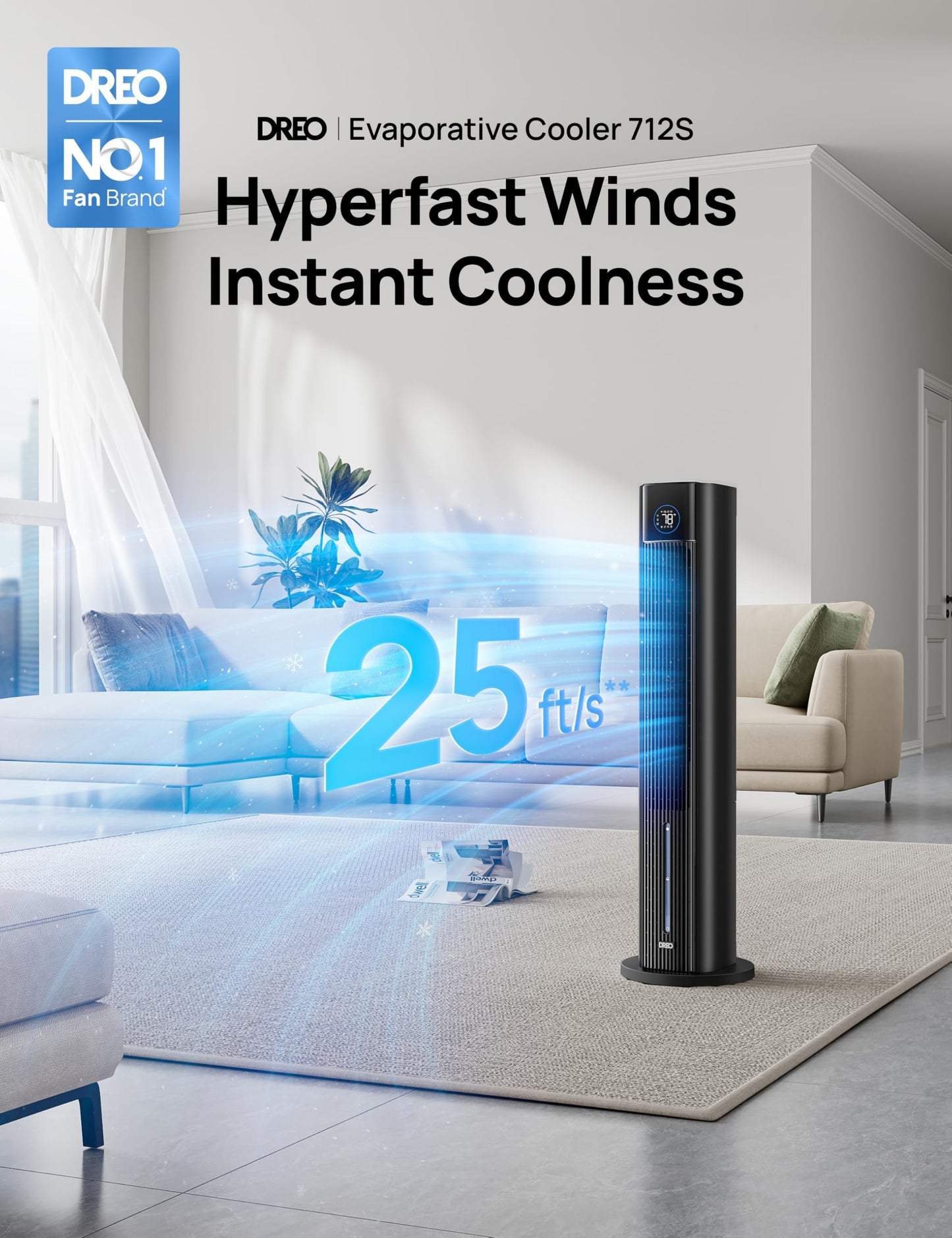 DREO Evaporative Air Swamp Cooler, 43" Cooling Fans that Blow Cold Air 2026 Upgraded, 80° Oscillating Floor Fan for Bedroom, Easy Cleaning, APP Control, Ice Packs, 4 Speeds & 4 Modes, 12H Timer, Black